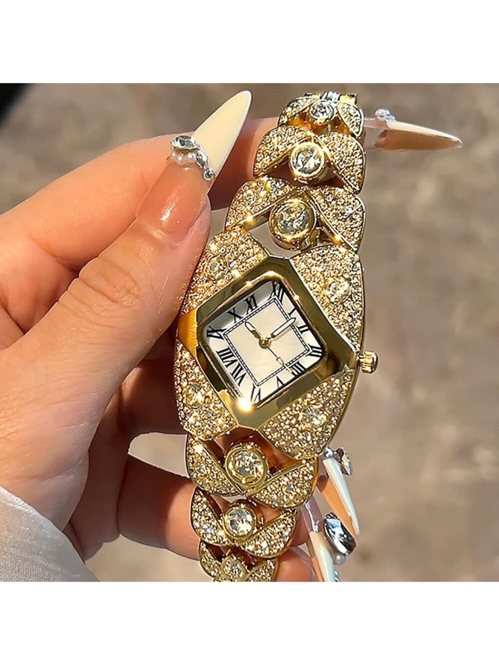 Women's Gold White Rhombic Square Rhinestone Bracelet Roman Numerals Dial Watch - Picture 3 of 7